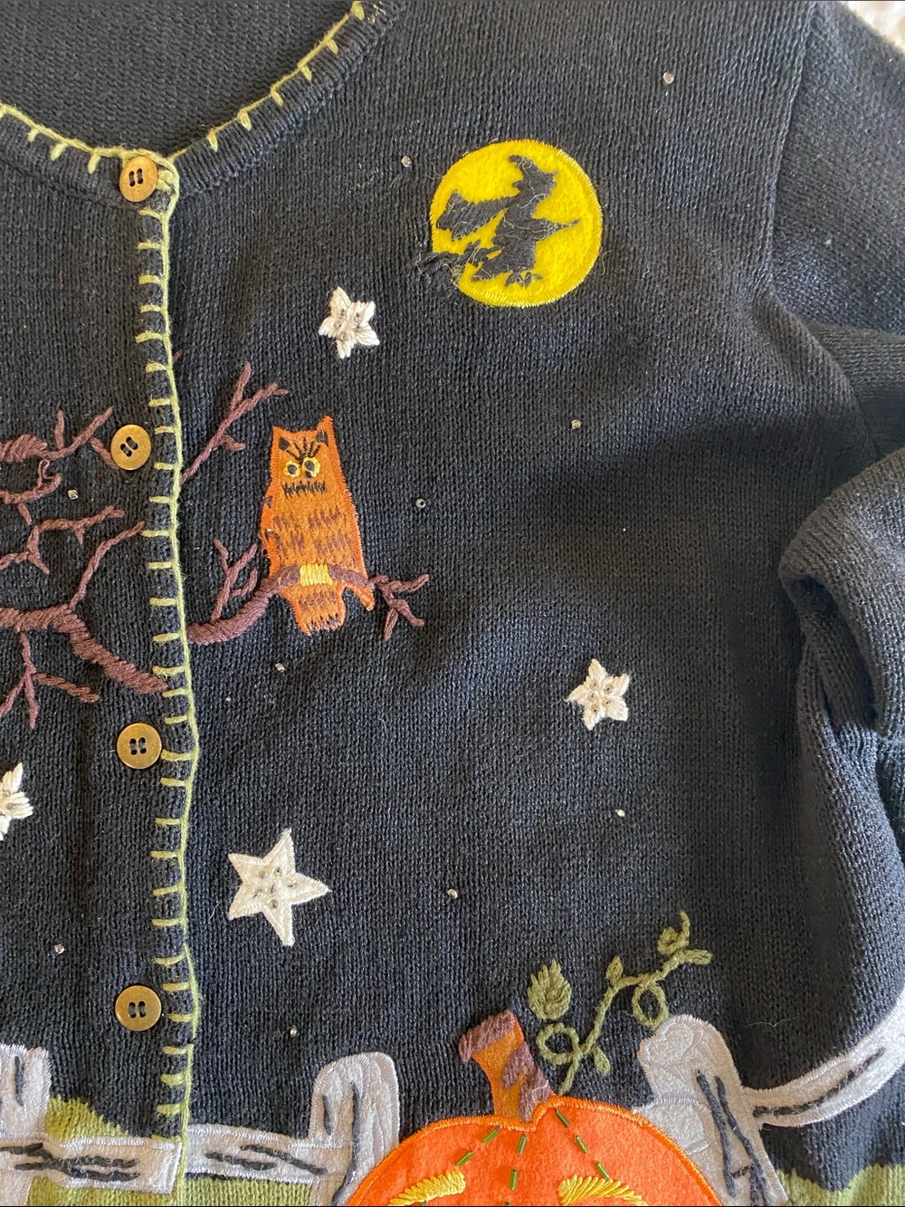 Halloween Pumpkin & Black Cat Embroidered Cardigan Sweater - Black/Olive - Picture 7 of 13